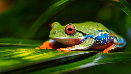 Obraz premium Vibrant red-eyed tree frog perched on lush green leaves. Stunning macro detail showcases its bright colors and unique texture.