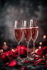 Three glasses of wine with rose petals on a table, perfect for a romantic dinner or special occasion