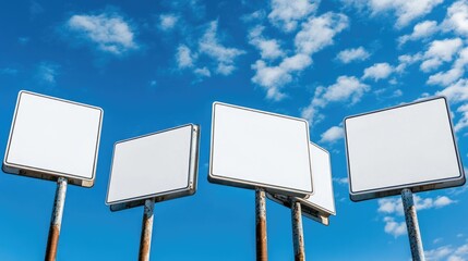 Three billboards sit atop a metal pole, ready for display
