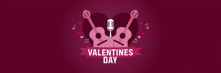 A creative minimalist Valentines Day poster design with a music theme. There is a heart made of two guitars and a microphone. The text "Valentines Day" is written in bold letters.