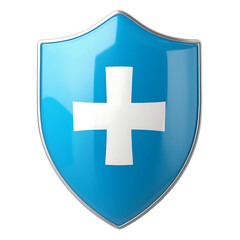 Obraz premium Blue shield with a white cross symbol, isolated on white. Suitable for medical, healthcare, or protection themes.