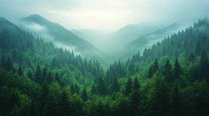 Fototapeta premium Serene mountain landscape with lush green forest and misty valley
