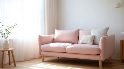 A pink couch sits next to a window in a cozy living room setting