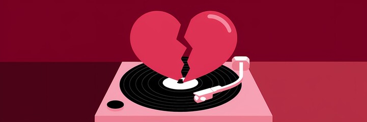 A creative minimalist Valentine's Day poster design with a music theme. There's a heart broken in half, with the halves placed on either side of a record player. 