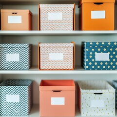 routine pattern organization Colorful storage boxes neatly arranged on a shelf, offering organization and style.