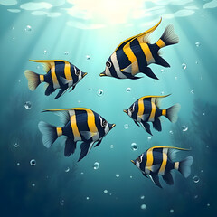 Fototapeta premium An illustration of Moorish idol fish, showcasing vibrant colors, underwater scenes, and detailed aquatic life in vector art style