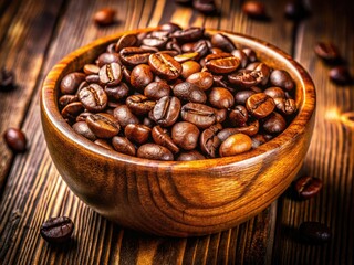 Fototapeta premium Rich, aromatic coffee beans fill a rustic wooden bowl, captured in stunning high-resolution detail.