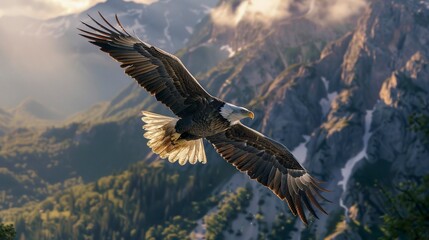 Fototapeta premium A photo of a bald eagle soaring in the sky.