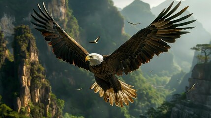 Obraz premium A photo of a bald eagle soaring in the sky.