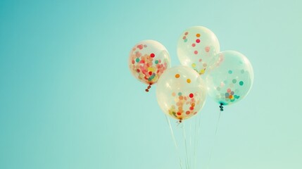 A festive arrangement of balloons with multicolored confetti inside, floating against a clear blue sky, captured with crisp lighting to create a vibrant, celebratory feel 