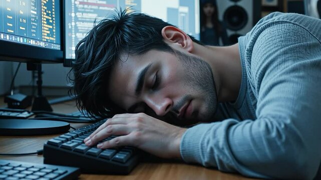 person sleeping on a computer