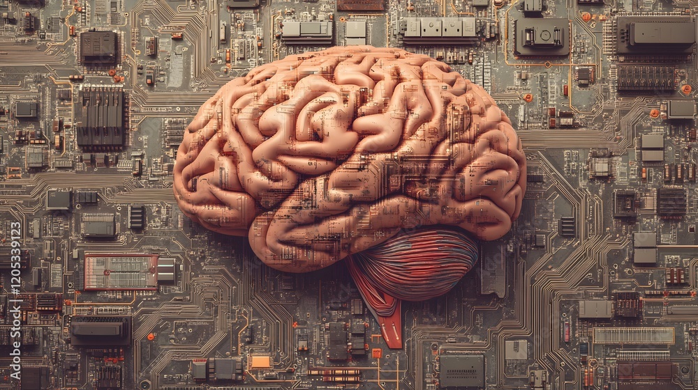 Poster an image depicting a human brain intertwined with circuit boards and computer components, showcasing