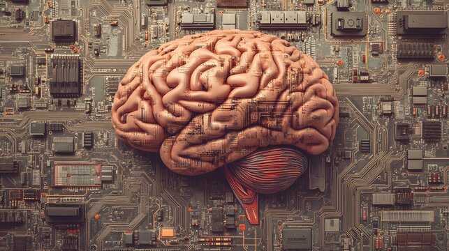 an image depicting a human brain intertwined with circuit boards and computer components, showcasing the parallels between human thought processes and computer information systems