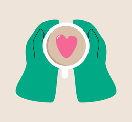 Hands holding cup coffee with heart shape symbol. Colorful vector illustration