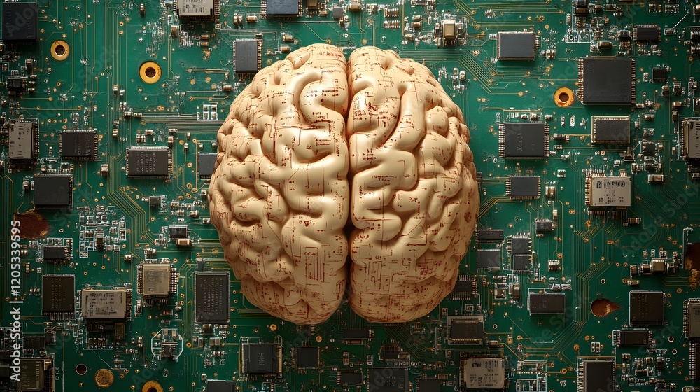 Poster an image depicting a human brain intertwined with circuit boards and computer components, showcasing