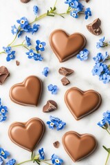 Obraz premium A bundle of chocolate hearts surrounded by bright blue flowers, perfect for romantic or sweet occasions