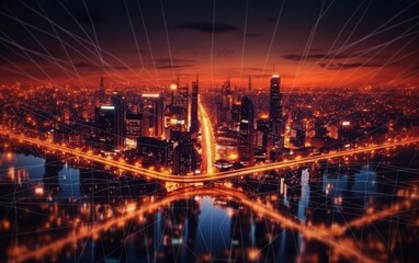 Fototapeta premium Cityscape at Twilight with Network Connections