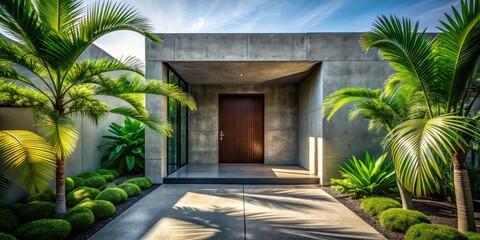 Fototapeta premium Sleek concrete home. Dark door, palm shadows dance. Minimalist design, striking entrance.