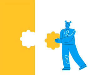 Woman standing with holding puzzle in hands putting in jigsaw. Colorful vector illustration