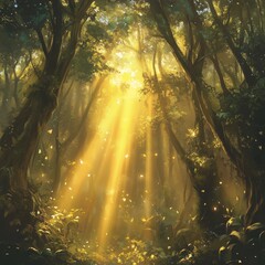 Obraz premium A mystical forest bathed in golden sunlight, beams of light breaking through the dense canopy