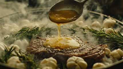 Delicious steak cooked with butter and herbs, served with tasty dumplings on a beautiful plate