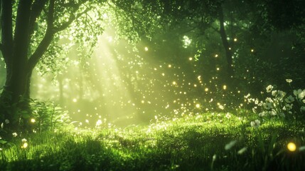 Obraz premium Enchanting Forest Scene With Fireflies and Flowers