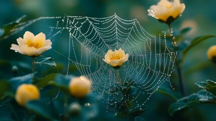 Dewdrops adorn a spiderweb among delicate yellow flowers