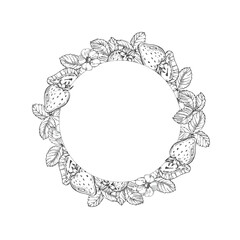 Strawberry vector black and white wreath hand drawn with ink. Round frame with leaves, berries on a white background. Template for label design