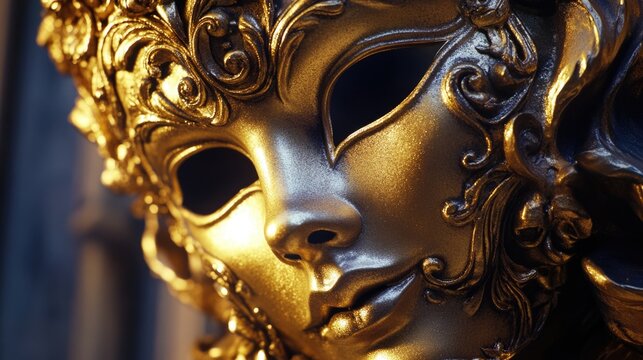 A close-up shot of a gold mask on a mannequin, ideal for use in fashion, jewelry or luxury product photography