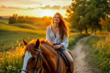 Obraz premium Smiling young woman riding a horse along a countryside trail at sunset, enjoying a peaceful summer evening.
