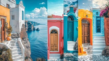 Fototapeta premium Vibrant Colorful Doors Aligned with Beautiful Landscape View