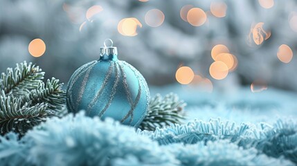 Blue ornament is sitting on a snowy surface
