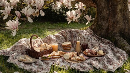 Obraz premium Springtime Picnic Under Magnolia Tree Blossoms