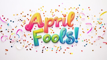 Colorful April Fools Message with Confetti and Ribbons on a White Background