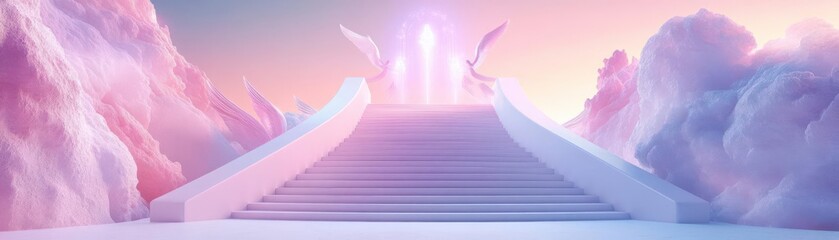 Illustrate a celestial staircase with holographic angels guiding the way in a 3D design Mystical, ethereal vibes in a dreamy pastel palette