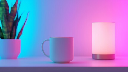 A white mug sits on a desk, illuminated by vibrant pink and blue lighting, next to a plant and lamp; perfect for business branding.