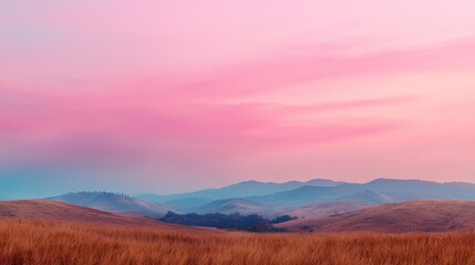 Serene landscape panorama ideal for business presentations, showcasing a peaceful sunset over rolling hills and a vibrant, pastel sky.