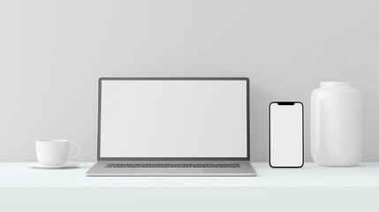 Minimalist workspace with laptop and smartphone on a white desk, perfect for productivity and modern aesthetics.