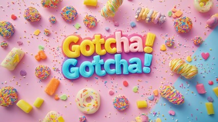 Colorful Candy and Sprinkles Background with Fun 'Gotcha!' Text Graphic Design
