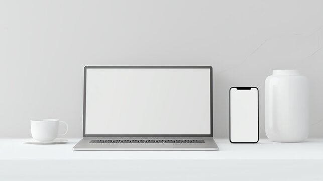 Minimalist workspace with laptop and smartphone on a white desk, perfect for productivity and modern aesthetics.