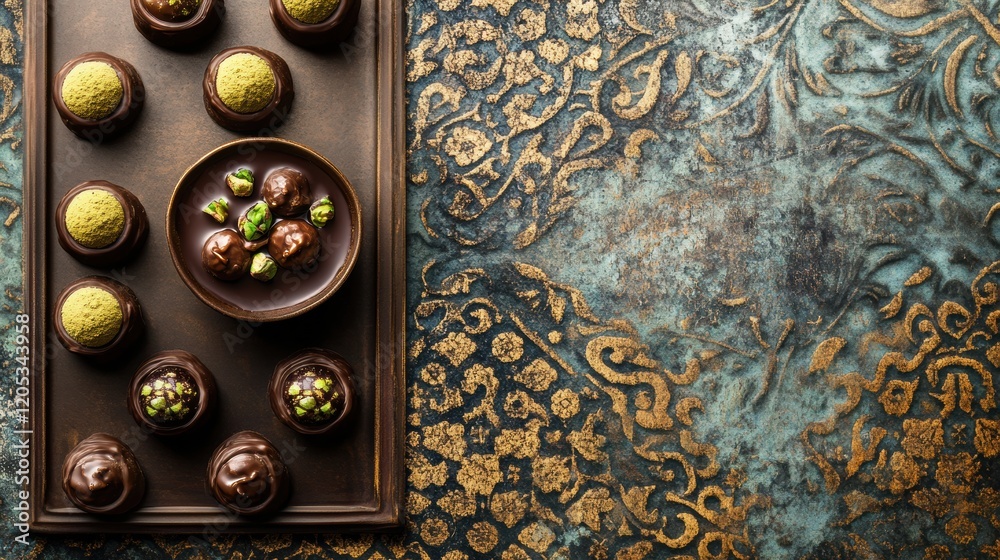 Poster Elegant assortment of gourmet chocolates displayed on ornate surface with intricate patterns. Generative AI