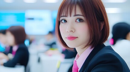 Fototapeta premium Confident businesswoman in modern office setting, looking directly at the camera.