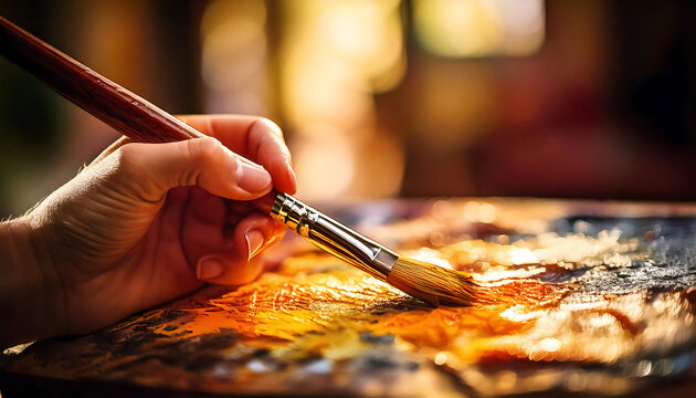 Close-up of artist's hand delicately applying paint to canvas. Warm golden light enhances the vibrant colors and texture. Ideal for projects related to art, creativity, and artistic processes.