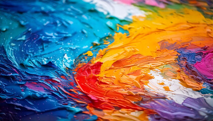 Vibrant, textured oil paint swirls in rich blues, oranges, and reds.  Perfect for backgrounds, art  design projects, or representing creativity  color palettes.