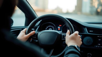 Hands holding the steering wheel of a car, symbolizing control, driving safety, and road awareness.