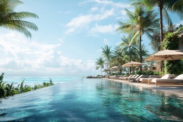 Fototapeta premium Breathtaking tropical resort with infinity pool merging into azure ocean and lush greenery