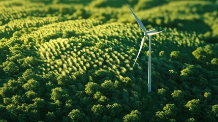 3D animation-style representation of a wind turbine standing tall in a lush green field, ecology concept