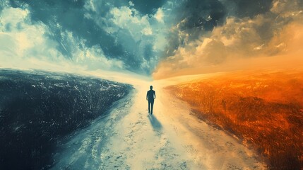 a person standing at a crossroads, torn between two opposing paths, symbolizing the internal conflict of conflicting beliefs and values, with visual metaphors representing discomfort and change