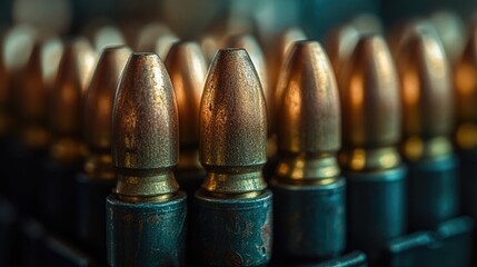 A close-up view of a collection of bullet shells, ideal for use in military-themed or outdoor-related projects