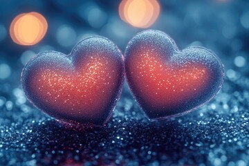 Fototapeta premium Two heart-shaped soap bubbles sit on a table, perfect for romantic or whimsical scenes